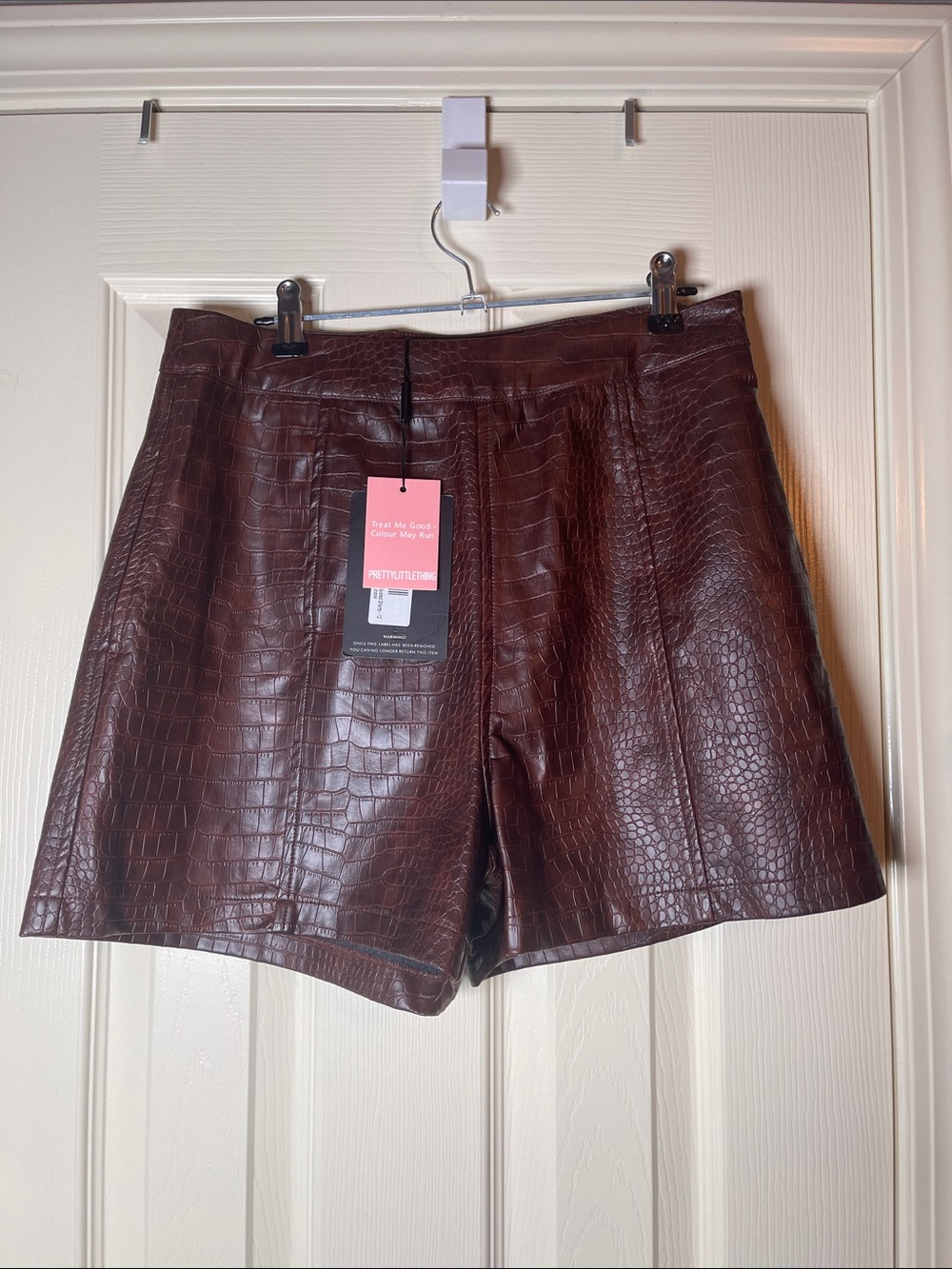 PrettyLittleThing Brown Croc Faux Leather High Waist Shorts